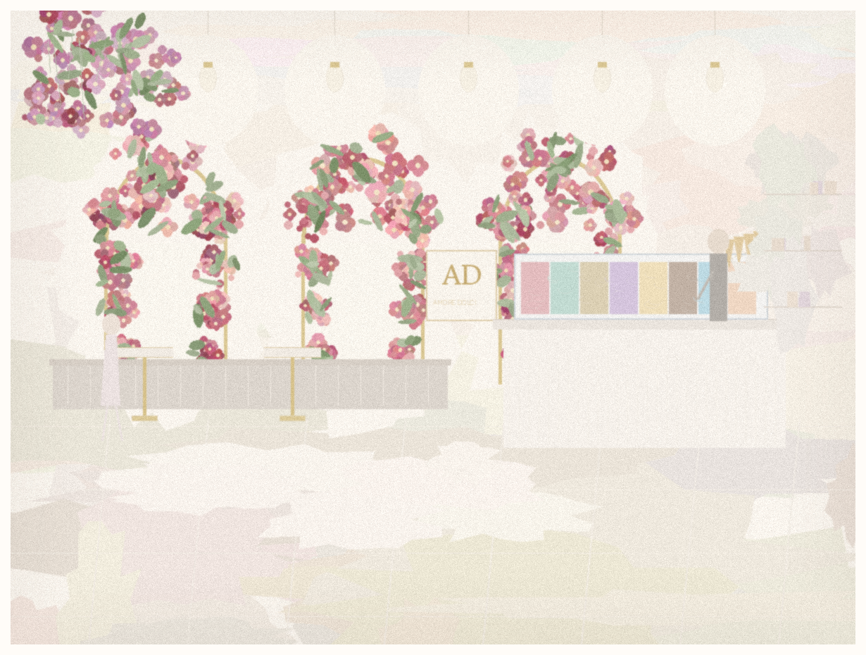 Watercolor illustration of Amore Dolci dessert shop interior